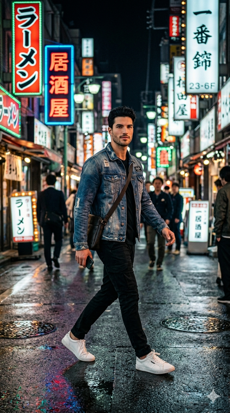 A stylish 25-year-old handsome boy walking
